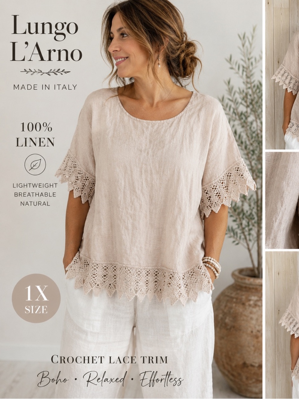 Lungo L’Arno 100% Linen Blouse 1X Made in Italy Beige Crochet Lace Boho Top